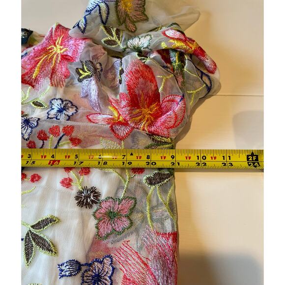 Marc Bouwer NWOT Mesh Embroidered Floral Blouse Colorful Sz M Flare Sleeves Boho - Picture 9 of 11